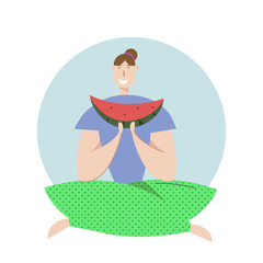 Happy Woman Eat Watermelon on Picnic. Female Character Relaxing on Nature Landscape. Vector Flat illustration