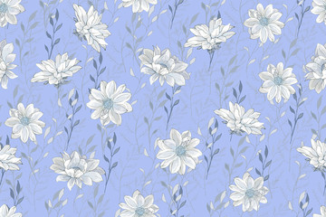 Blue and white floral seamless pattern with flowers dahlias and branches. Hand drawn. Background for textile, wallpaper, print. Vector stock illustration.
