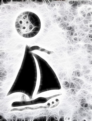 Fractal image of a small white sailboat on the waves under the full moon