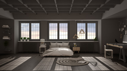 Hygge nordic scandinavian bedroom with big panoramic windows, double bed with duvet and pillows, parquet, carpet, home workplace with computer, bedside tables, interior design idea