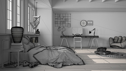 Unfinished project draft of hygge nordic scandinavian bedroom with big panoramic windows, double bed with duvet and pillows, parquet, home workplace with computer, interior design