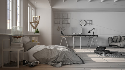 Architect interior designer concept: unfinished project that becomes real, hygge nordic scandinavian bedroom with windows, bed, parquet, home workplace with computer, interior design