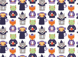 Hand drawn seamless vector pattern with cute animals in warm clothes, enjoying winter activities, on a white background. Scandinavian style flat design. Concept for children textile print, wallpaper.