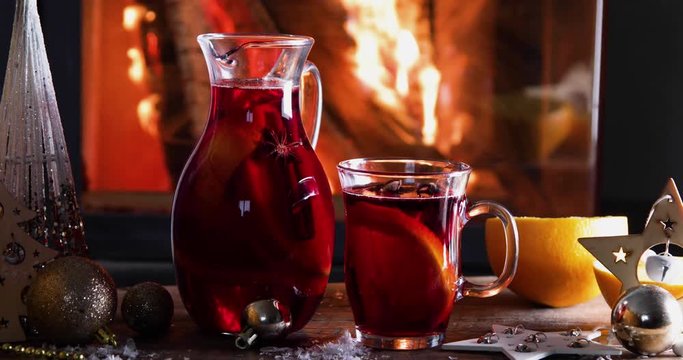Christmas mulled wine at fireplace