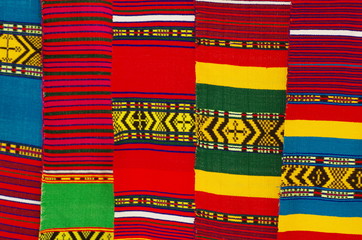 Ethiopian market with local design fabric patterns in Gondar, Ethiopia 2019
