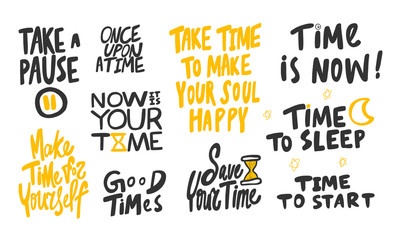 Take, pause, good, time, yourself, self, love, sleep, night, now, start. Vector hand drawn illustration collection set with cartoon lettering. 