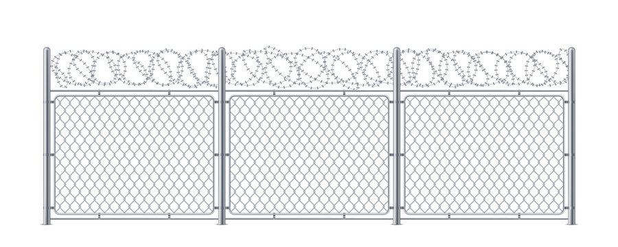Chain link fence with barbed wire. Metal chainlink construction with barbwire or barb, bobbed or bob wire. Steel protection for border security or prison, military or cage. Background or wall, barrier