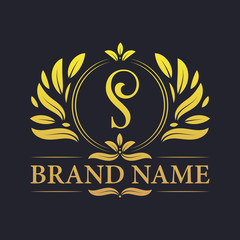 Golden ornamental alphabet S letter logo design. Luxurious golden elegant letter S logo design template.
