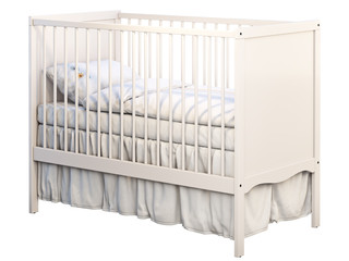 White baby cot with white linen. 3d render