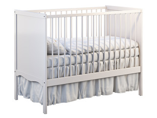 White baby cot with white linen. 3d render