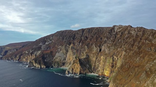 Aerial of Slieve League Cliffs are among the highest sea cliffs in Europe rising 1972 feet or 601 meters above the Atlantic Ocean - County Donegal, Ireland