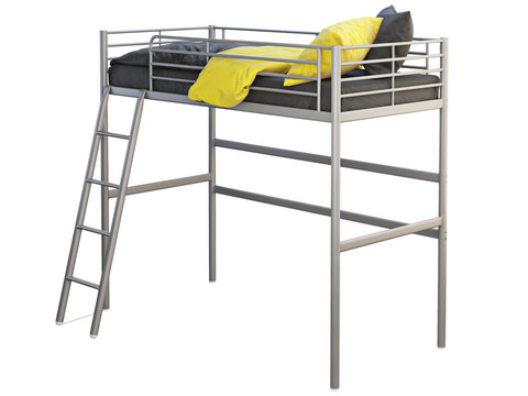Scandinavian children's metal frame bed loft with black linen. 3d render