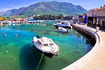 Colorful turquoise harbor in town of Cavtat panoramic view