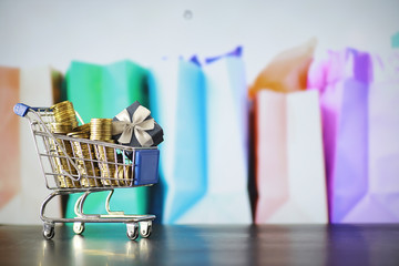 Background shopping trolley. Concept of shopping for groceries and things. Weekend shop.