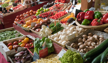 vegetable stand in the market hall in Quimper with fresh organic vegetables