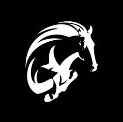 wild mustang horse jumping forward - white stallion outline over black vector design