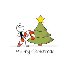 Merry Christmas Card. Man with Candy near Christmas Tree. 