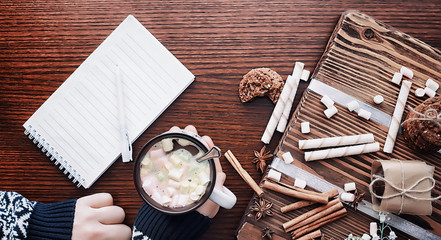 Winter breakfast. A cup of hot chocolate with marshmallows and freshly baked cookies. Gingerbread cookie and coffee.