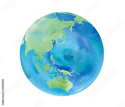 地球の水彩イラスト トレースベクター 日本 アジア オーストラリア 中国 インドネシア 太平洋 Wall Mural Keiko Takamatsu