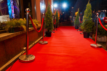 Long red carpet between rope barriers on entrance.
