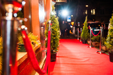 Long red carpet between rope barriers on entrance.