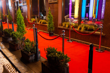 Long red carpet between rope barriers on entrance.