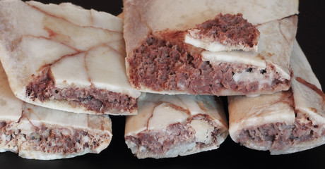 Cut pieces of beef rib bones,internal bone structure