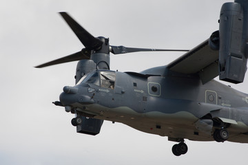 Osprey helicopter plane hovering before landing