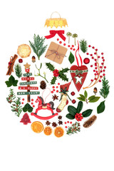 Christmas symbols with retro tree decorations, food and flora forming an abstract round bauble with copy space. Traditional symbol for the festive season.