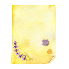A sheet of old paper with a blot and a flower of lavender. Handmade watercolor closeup illustration. For design concepts of mail, correspondence, message, background, template, greeting card.