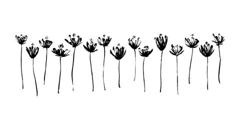 Set of hand drawn abstract modern flowers. Grunge style ink painted elements for design. Black isolated vector on white background