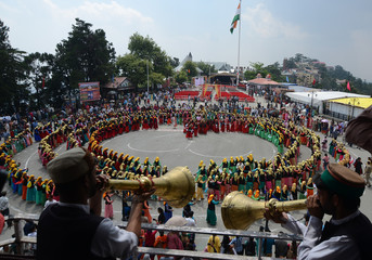 AnganBari workers performing Group Naati to spread message “Save Girl Child” during first day of International Summer Festival, at Ridge in Shimla 