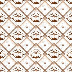 Vector seamless geometric pattern with cotton flowers; сotton balls, cotton fiber design for fabric, package, wrapping paper, textile, web design. 