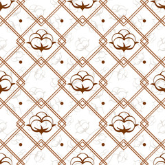 Vector seamless geometric pattern with cotton flowers; сotton balls, cotton fiber design for fabric, package, wrapping paper, textile, web design. 