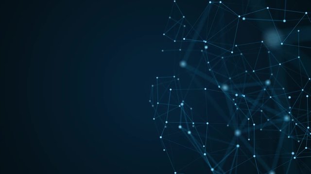 Abstract digital background. Space filled with polygons and dots. 3D rendering in blue of a scientific network conveying connectivity, complexity and data flood of modern digital age
