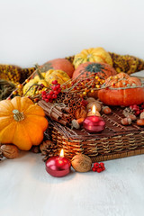 autumn background concept. autumn still life with pumpkins, nuts, cones and candles. fall harvest season, thanksgiving holiday. autumn holiday card design. copy space