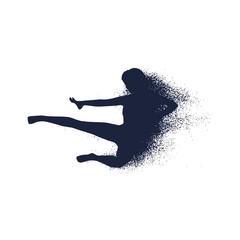 Martial art silhouette of woman in fight karate pose. Young lady icon with trail of particles. © JEGAS RA
