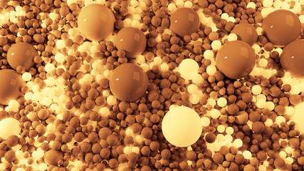 beautiful shiny balls of different colors and sizes completely cover the surface. Some spheres glow. 3d photorealistic render geometric reative holiday background of shiny balls. Yellow sepia