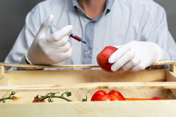 A man injects chemicals into an orange, pesticides and fertilizers and chemicals with a syringe to...