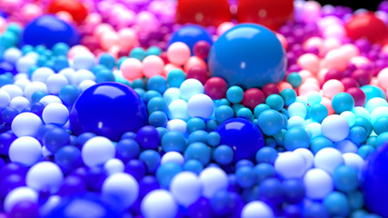 beautiful shiny balls of different colors and sizes completely cover the surface. Some spheres glow. 3d photorealistic render geometric reative holiday background of shiny balls. Multicolored