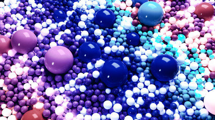 beautiful shiny balls of different colors and sizes completely cover the surface. Some spheres glow. 3d photorealistic render geometric reative holiday background of shiny balls. Multicolored