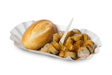 Bread roll and sausage with sauce. White background.