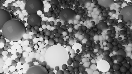 beautiful shiny balls of different colors and sizes completely cover the surface. Some spheres glow. 3d photorealistic render geometric reative holiday background of shiny balls