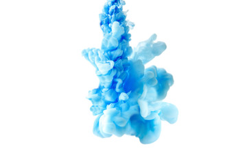 Abstract flowing liquid or blue ink in water on a white background. It looks like smoke or cloud....