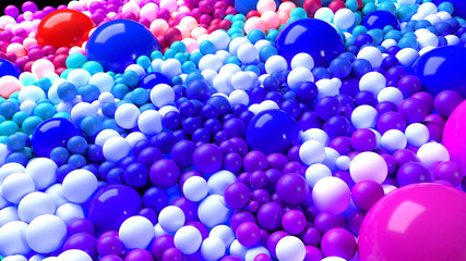 beautiful shiny balls of different colors and sizes completely cover the surface. Some spheres glow. 3d photorealistic render geometric reative holiday background of shiny balls. Multicolored