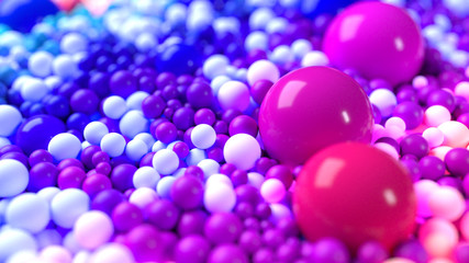 beautiful shiny balls of different colors and sizes completely cover the surface. Some spheres glow. 3d photorealistic render geometric reative holiday background of shiny balls. Multicolored