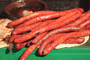 Red long thin dry sausage made of pork