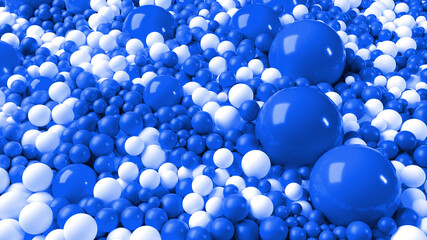 beautiful shiny blue white balls of different colors and sizes completely cover the surface. Some spheres glow. 3d photorealistic render geometric reative holiday background of shiny balls