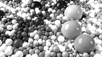 beautiful shiny balls of different colors and sizes completely cover the surface. Some spheres glow. 3d photorealistic render geometric reative holiday background of shiny balls