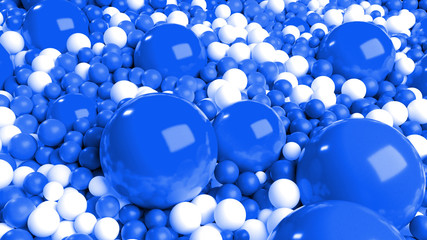 beautiful shiny blue white balls of different colors and sizes completely cover the surface. Some spheres glow. 3d photorealistic render geometric reative holiday background of shiny balls